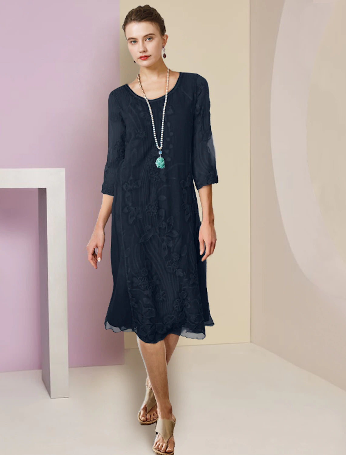 Wholesale  Two Piece Sheath / Column Mother of the Bride Dress Formal Wedding Guest Elegant Scoop Neck Knee Length Chiffon Lace Half Sleeve Jacket Dresses with Appliques